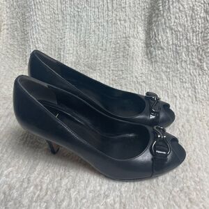 Cole  Haan Nike Air leather Black Peep-Toe Heels with patent & hook accent SZ7.5